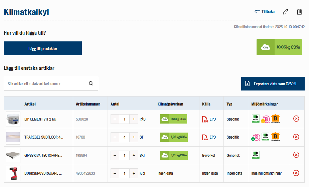 nomenu Klimatkalkyl hos Hallstaviks Bygghandel som visar byggprodukters klimatpåverkan och miljödata.
