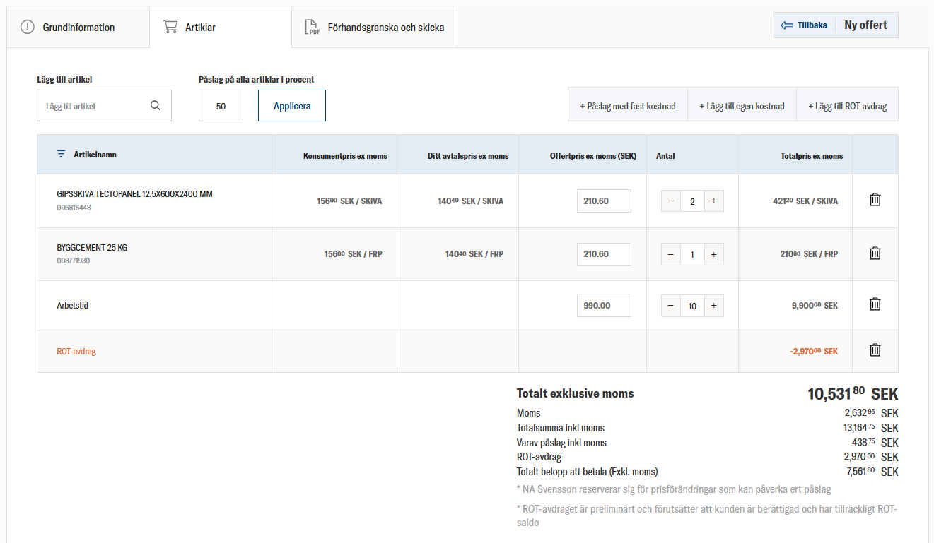 Offertverktyg hos Hallstaviks Bygghandel som visar artiklar, priser och ROT-avdrag.