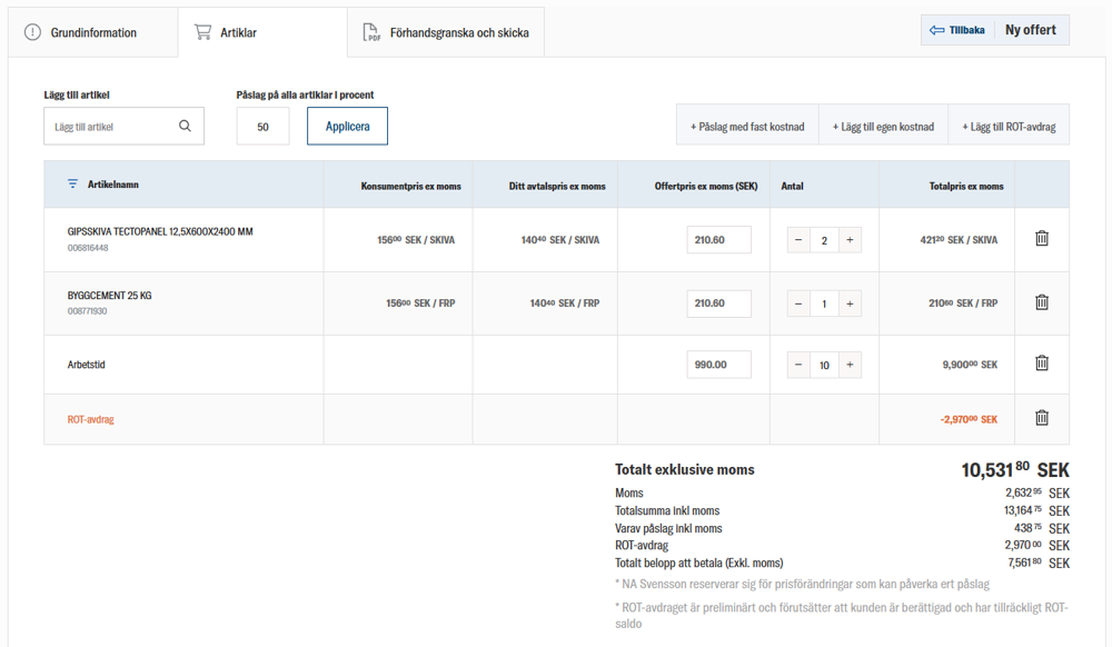 nomenu Offertverktyg hos Hallstaviks Bygghandel som visar artiklar, priser och ROT-avdrag.