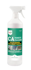 Vit sprayflaska med etikett där det står "CA Power Clean, Kalkfjerner Kalkborttagare" och "TEC7".