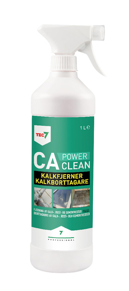 Vit sprayflaska med etikett där det står "CA Power Clean, Kalkfjerner Kalkborttagare" och "TEC7".