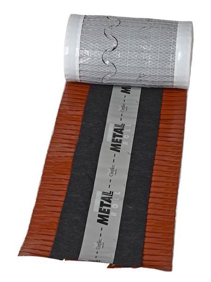 Tegelrött nockband med en rulle som visar en mönstrad yta och mittsektion märkt "METAL ROLL".