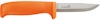 Orange kniv med ett rakt blad och Hultafors-logotyp på handtaget.