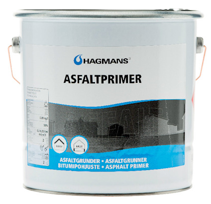 Vit burk med texten "HAGMANS ASFALTPRIMER" och symboler för tak och bas.