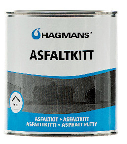 Burk med texten "HAGMANS ASFALTKITT" och en blå etikett längst ner med orden "ASFALTKITT," "ASVALTTIKITTI," "ASPHALT PUTTY."