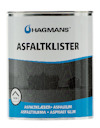 Burk med texten "Hagmans Asfaltklister" och ytterligare text på olika språk, inklusive piktogram för tak.