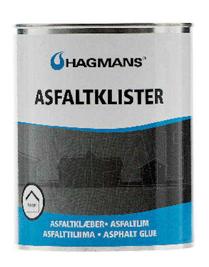 Burk med texten "Hagmans Asfaltklister" och ytterligare text på olika språk, inklusive piktogram för tak.