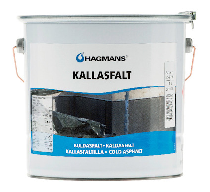 Hink med etikett märkt "Hagmans Kallasfalt", utrustad med handtag och produktinformation.