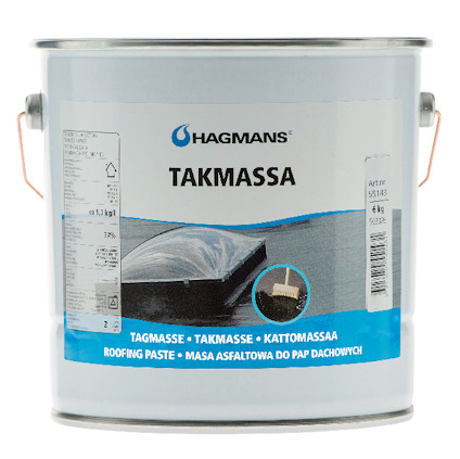 Burk med etikett för Hagmans Takmassa, visar bilder och text på flera språk.