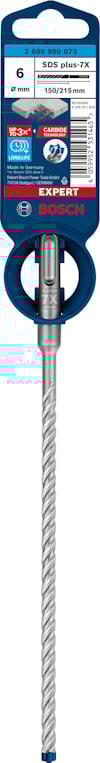 Borrspets med spiraldesign, etikett visar "Expert Bosch SDS plus-7X", 6 mm x 165 mm x 100 mm, Made in Germany.