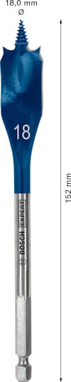 Borrbits i stål med blå finish, märkning "18" och längd "152 mm". Text "BOSCH EXPERT".