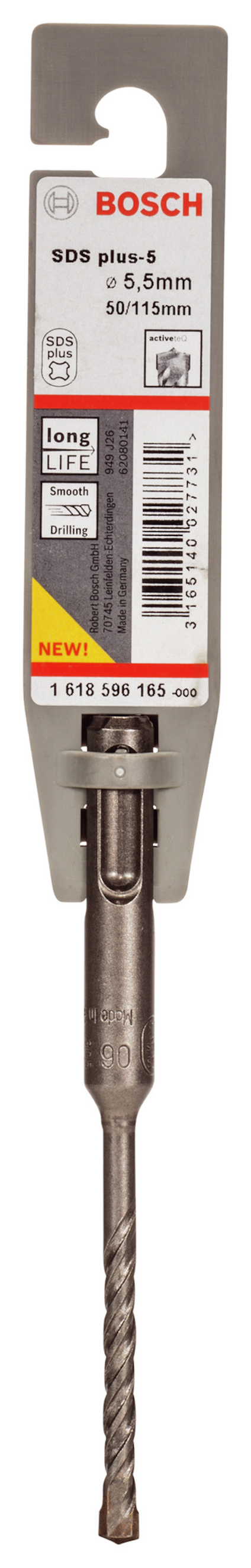 Borr från Bosch, SDS plus-5, 5,5mm x 115mm x 50mm, med etikett och streckkod.