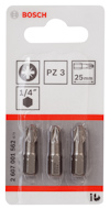 Tre Bosch skruvbits PZ 3, 25 mm, 1/4", i plastförpackning.