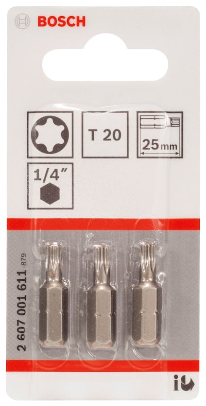 Förpackning med tre Bosch T20 bits, 25mm, 1/4".