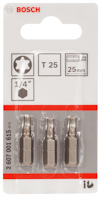 Förpackning med tre Bosch skruvbits, märkta T25, 25 mm, 1/4".