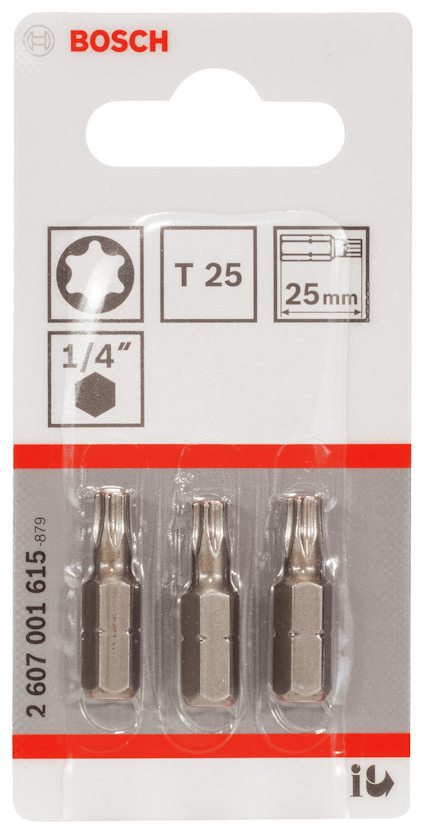 Förpackning med tre Bosch skruvbits, märkta T25, 25 mm, 1/4".