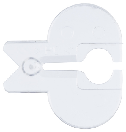 Transparent plastklämma med rund och kryssformad design samt texten "PC".