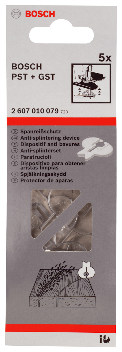 Förpackning för Bosch PST + GST sågblad med 5 blad. Text på flera språk. Silverfärgad design.