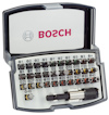 Bosch bitsset med 32 delar i öppet etui, innehållande olika skruvbits storlekar organiserade i rader.