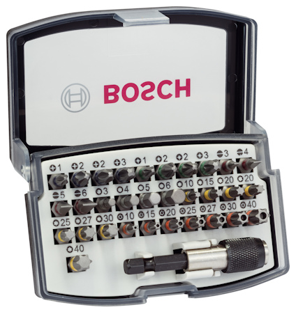Bosch bitsset med 32 delar i öppet etui, innehållande olika skruvbits storlekar organiserade i rader.