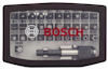 Borr- och skruvbitsats i en transparent plastlåda med Bosch-logotyp.