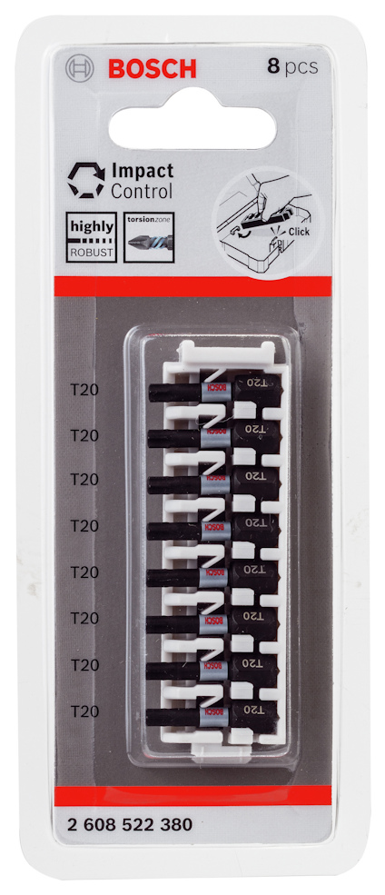 Förpackning med 8 st Bosch T20-skruvmejselbits, Impact Control-serien.