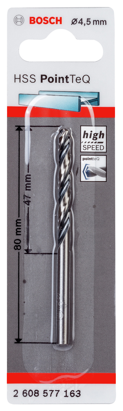 Förpackning med Bosch HSS PointTeQ borr, 4,5 mm, längd 80 mm, arbetslängd 47 mm, hög hastighet.