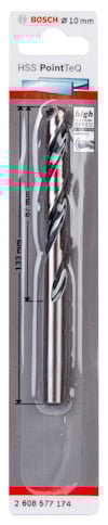 Förpackning med Bosch 10 mm HSS-borr, nummer 2 608 577 174. Innehåller etikett med produktinformation.