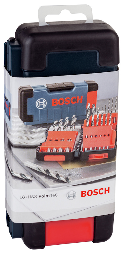 Förpackning med borrbits från Bosch, etikett med bilder på borrsats och texten "18+ HSS PointTeQ".