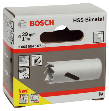 Förpackning med Bosch HSS-bimetall hålsåg, 29 mm, med produktinformation och symboler.