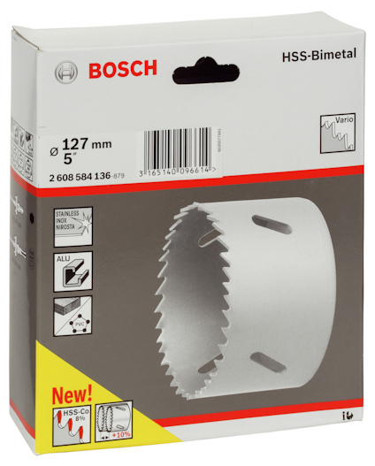 Förpackning med Bosch HSS-bimetallhålsåg, 127 mm, innehåller illustrationer och streckkod.