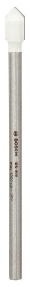 Metallborr med vit spets och texten "Bosch 6X80" tryckt på skaftet.