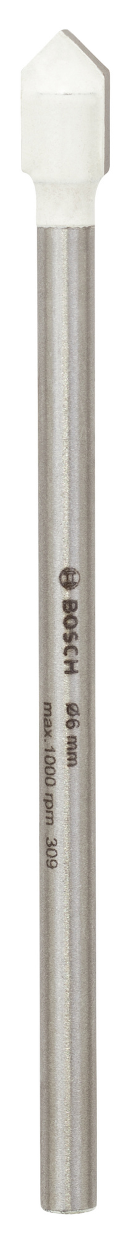 Metallborr med vit spets och texten "Bosch 6X80" tryckt på skaftet.