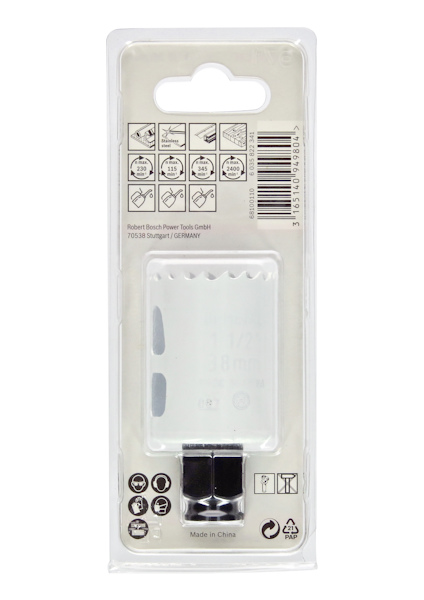 Förpackning med sågblad, inkluderar streckkod och produktinformation. Text: "Made in China".