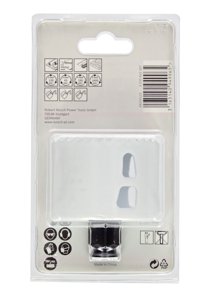 Förpackningsbaksida med säkerhets- och bruksikoner, streckkod samt text "Made in China."