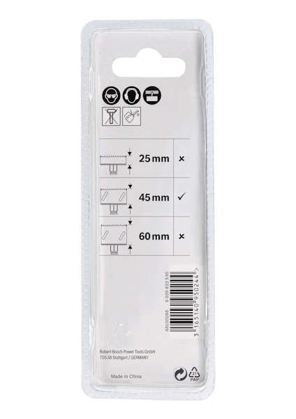 Förpackning med instruktioner och symboler för borrdjup: 25 mm godkänt, 45 mm och 60 mm ej godkända. Barkod och text "Made in China".