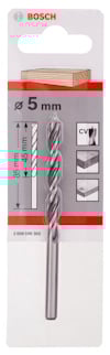 Förpackning med Bosch-borr, 5 mm, märkning för trä, längd 85 mm och 45 mm, artikelnummer 2 608 586 302.