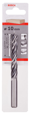 Förpackning med Bosch borr 10 mm, silverfärgad spiraldesign, för träbearbetning.