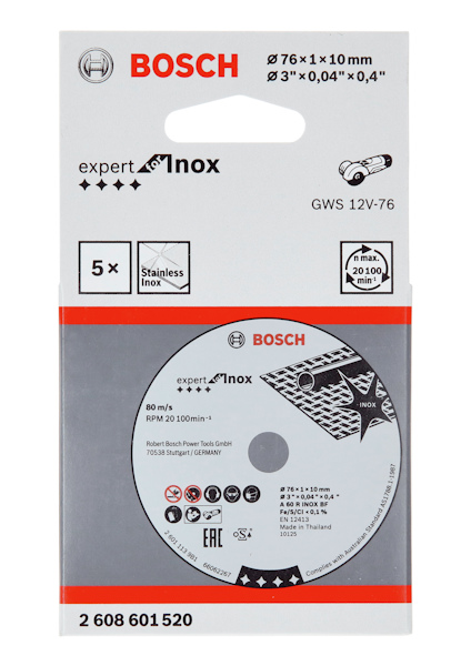 Bosch-expert inox. Diameter: 76x10 mm. Thickness: 0,04 inches. Max RPM: 20,100. Contains 5 pieces.