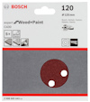 Förpackning med Bosch slippapper, typ C430, för trä och färg, kornstorlek 120, diameter 125 mm, 5 stycken.
