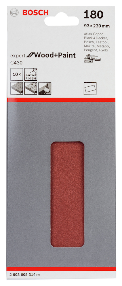 Slipark Bosch Expert C430, 180 korn, 93x230 mm, 10-pack för trä och färg.