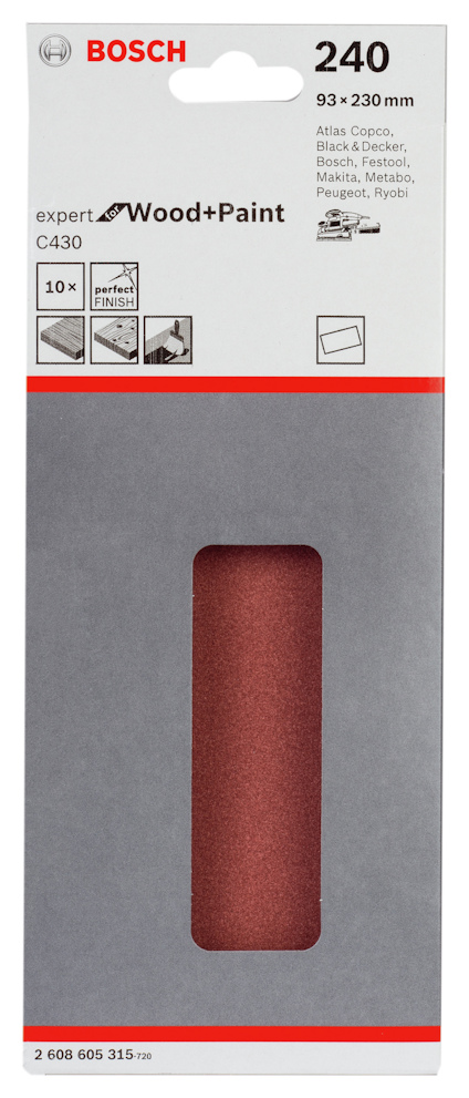 Förpackning med Bosch slippapper för trä och färg, kornstorlek 240, 93x230 mm, 10 st.