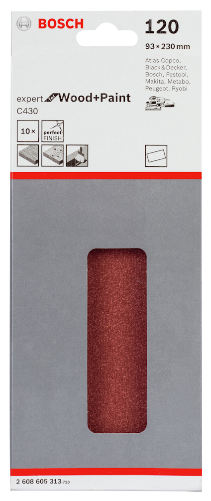 Förpackning med Bosch slipark, 93x230 mm, grovlek 120, för trä och färg.