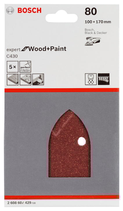 Slipark Bosch Expert Wood+Paint, 80 korn, 100x170 mm, 5-pack.