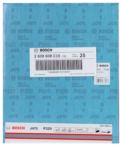 Slippapper Bosch J475 P320, 230x280 mm, med produktkod 2 608 608 C15, pack av 25 ark.