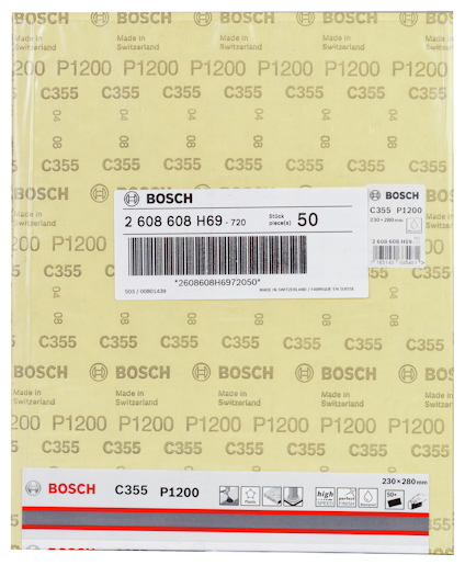 Förpackning med Bosch C355 P1200 slippapper, 50 stycken, märkt "Made in Switzerland" och "230×280 mm".