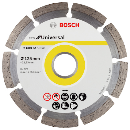 Rund slip- eller kapskiva med tandade kanter, gråfärgad metall. Innehåller text och symboler, inklusive Bosch-logotypen.