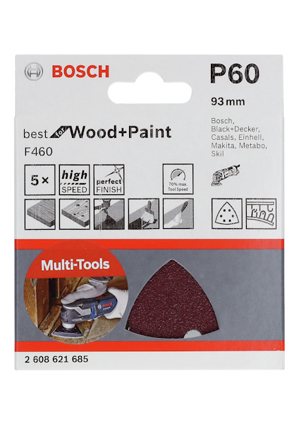 Förpackning av Bosch slipverktyg P60, 93 mm, för multi-verktyg. Innehåller text och bilder för användning.