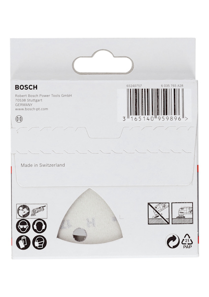 Förpackning för Bosch Power Tools, text "Made in Switzerland", streckkod och återvinningstiketter.