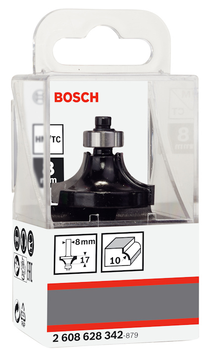 Förpackning tillhörande Bosch frässtål, innehållande ett stycke med specifikationer: 8 mm, 17 mm, 10 grader, 2 608 628 342-879.